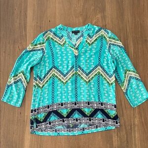 Tribal Turquoise and Navy Geometric Women's Blouse - Size M